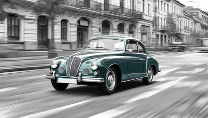 Classic car driving on a street lined with traditional buildings, with a blurred background suggesting motion and speed. Illustration by Generative AI.