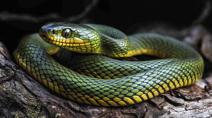 Obraz premium A coiled green wooden snake with yellow and green scales lying on a branch. The close-up highlights the detailed texture of her scales and her predatory gaze.