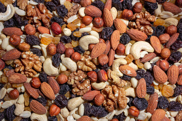 Mixed Nuts: Almonds, Walnuts, Cashews, Peanuts, Hazelnuts, Dried Prunes and Raisins. Different Nut Mix. Background from Various Nuts and Dried Fruits