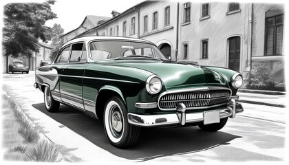 A vintage black and white sketch on the town street. Illustration by Generative AI.