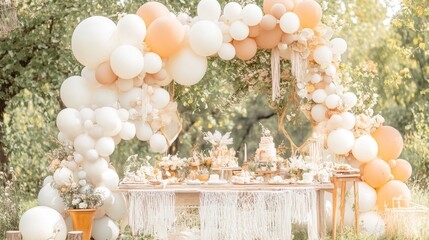 A beautiful outdoor party with a bohemian vibe, perfect for a baby shower or birthday.  Think lots of balloons in soft colors like white, cream, peach, and caramel, arranged in a beautiful arch.
