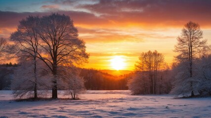 Naklejka premium Autumn Forest Morning Glow with Fresh Snow
