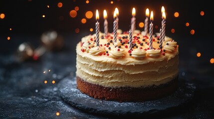 A festive birthday cake with glowing candles and sprinkles on a dark background.