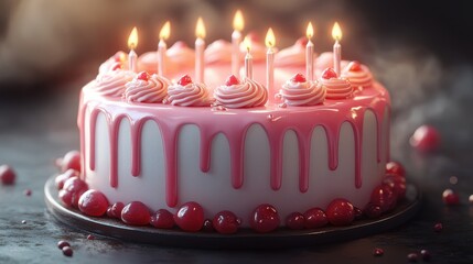 A beautifully decorated pink birthday cake with lit candles, creating a festive atmosphere.