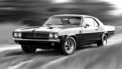 Naklejka premium Retro sports car speeding on a road. Black and white. Illustration by Generative AI.