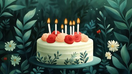 A beautifully decorated cake with lit candles amidst lush greenery and flowers.