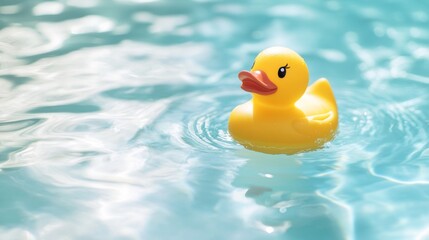 A bright yellow rubber duck floats in a pool, a perfect symbol of summer fun. It reminds us of childhood, games, and friendship.