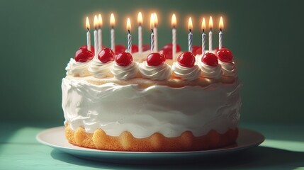 A delicious birthday cake topped with whipped cream and cherries, adorned with glowing candles.