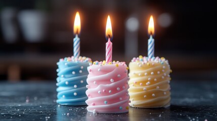 Three colorful birthday cake candles lit and decorated with sprinkles.