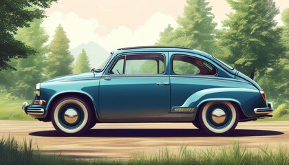 Retro car on a forest road. Illustration by Generative AI.