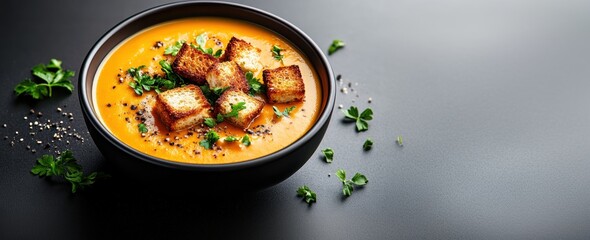 Delicious Pumpkin Soup Garnished with Croutons and Herbs
