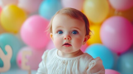 Fototapeta premium A cute photo shoot set for a one-year-old, with colorful balloons and a bright neon sign.