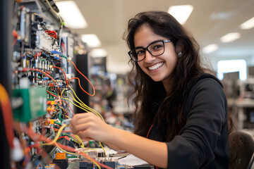 Happy Female Indian Engineering Student Working on a Machine – Empowering Women in STEM