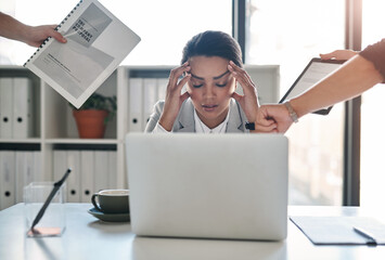 Office, laptop and businesswoman with headache for multitasking, chaos and lack of time management. Colleagues, female person or lawyer with stress for case deadline, document and tablet in law firm