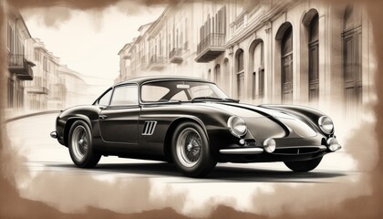 A golden vintage sports car is parked in front of an old building with towers and arches. The car features a sleek design with round headlights and wire-spoked wheels. Illustration by Generative AI.