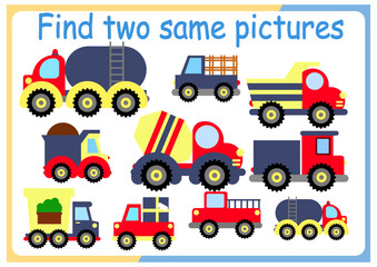 Naklejka premium Find two identical pictures kids puzzles vector illustration. Activity for preschool children with comparing objects and finding 2 identical ones. 