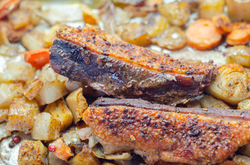 A plate of food with meat and vegetables on it