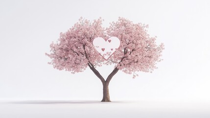 Fototapeta premium A single tree stands out against a white background. It has a large heart at its center, and heart-shaped flowers bloom on its branches.