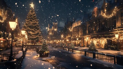Snow gently falls on a picturesque town square filled with festive decorations, twinkling lights, and a large Christmas tree, creating a cozy winter atmosphere.