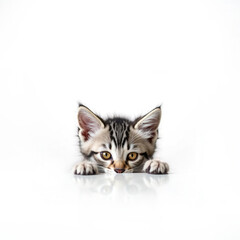 Close-up of a kitten peeking over a surface, playful pose, white background