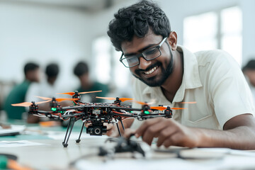 Indian Male Engineering Student Looking at a Drone – Innovation and Technology in Education