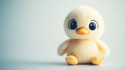 A yellow plush toy duck with big eyes sits on a white background.