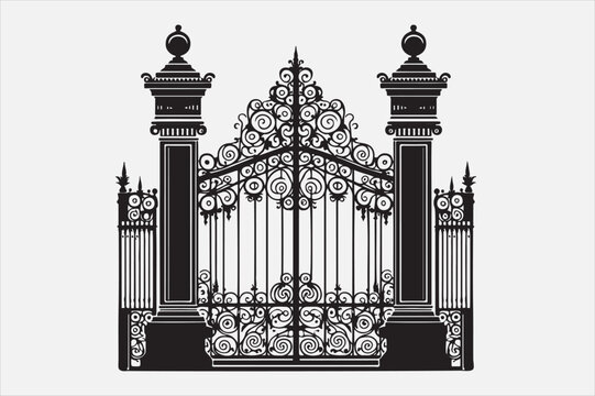 recommend clip art: A black and white silhouette of an ornate wrought-iron gate.