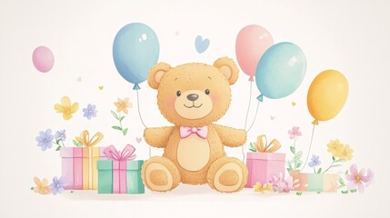 Obraz premium A sweet teddy bear sits happily surrounded by colorful balloons, presents, and flowers. This charming illustration is perfect for greeting cards, children's posters, or baby showers.