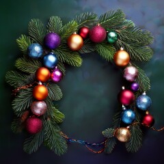Present a vibrant Christmas garland decorated with an array of colorful ornaments and fresh green pine branches, perfect for festive holiday decorations.