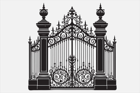 recommend clip art: A black and white silhouette of an ornate wrought-iron gate.