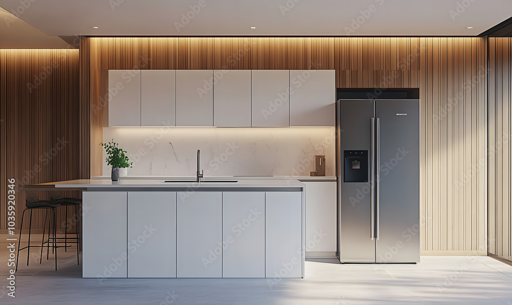 Wall mural 3d rendering, Minimalist kitchen with white cabinets, light brown wood paneling on the wall behind and an integrated refrigerator in stainless steel, with a sleek design that includes black elements