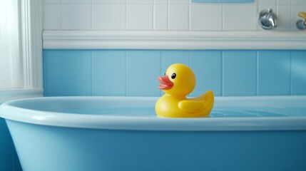 A yellow rubber ducky sits in a blue bathtub.