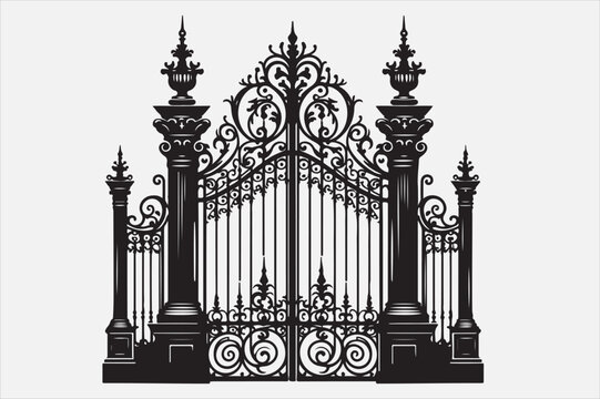 recommend clip art: A black and white silhouette of an ornate wrought-iron gate.