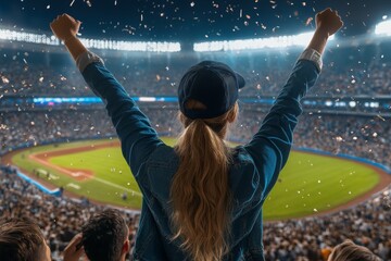 A young woman with blonde hair cheers on her team with her arms raised, celebrating a victory at a stadium.