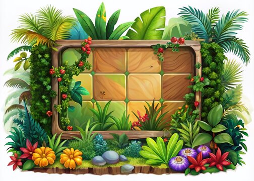Cartoon Game Panels in Jungle Style with Wooden GUI - Isolated on White