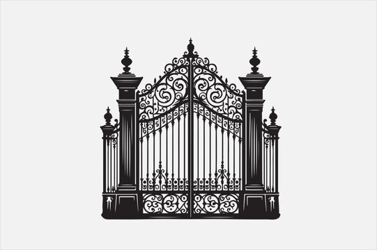 recommend clip art: A black and white silhouette of an ornate wrought-iron gate.