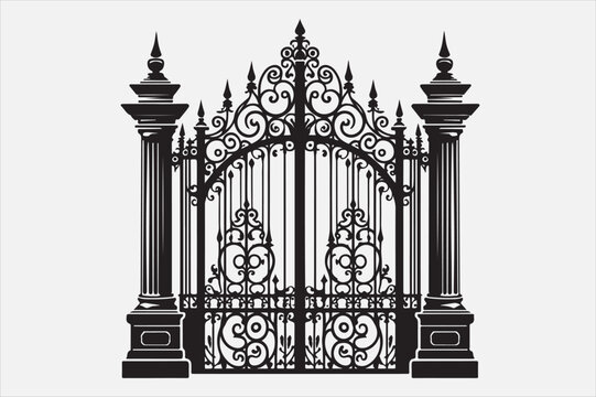 recommend clip art: A black and white silhouette of an ornate wrought-iron gate.
