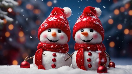 Fototapeta premium Christmas Snowmen with Red Hats and Snowflakes