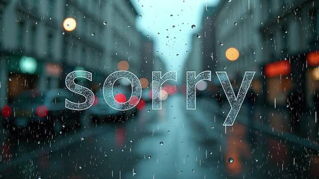"Sorry" text on rainy window with blurred cityscape.