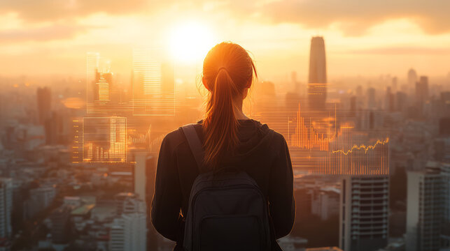 young professional stands on rooftop, gazing at city skyline during sunset. Digital graphs overlay scene, symbolizing data analysis and future potential