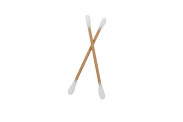 Two cotton swabs for cleaning ears lie on a white background. Cotton swabs on white.