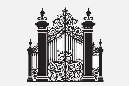 recommend clip art: A black and white silhouette of an ornate wrought-iron gate.
