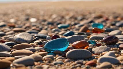 Close-up of Right-Aligned Pebbles, Gravel, and Smooth Stones on a Sand Background