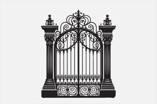 recommend clip art: A black and white silhouette of an ornate wrought-iron gate.