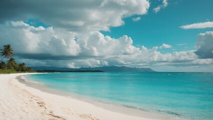 Clouds veil the sun, casting a soft glow on azure waves, unveiling a tranquil coastal scene.