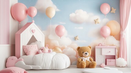 This is a cute design featuring a baby girl, teddy bear, and balloons. It's perfect for a wall decoration, postcard, or cover.