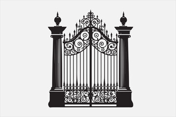 A black and white silhouette of an ornate wrought-iron gate.