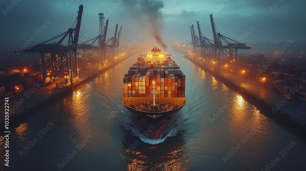 Poster a large cargo ship moves through a busy port during twilight, with shipping containers stacked high 