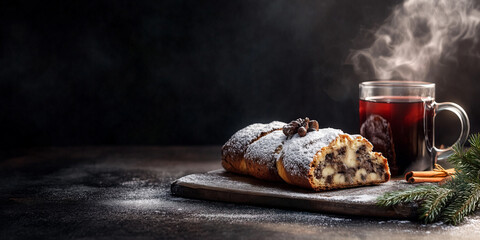 Traditional Christmas stollen with powdered sugar and a steaming cup of mulled wine on a wooden...