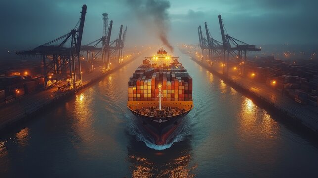 A large cargo ship moves through a busy port during twilight, with shipping containers stacked high and cranes lining the waterfront, creating an industrious atmosphere.